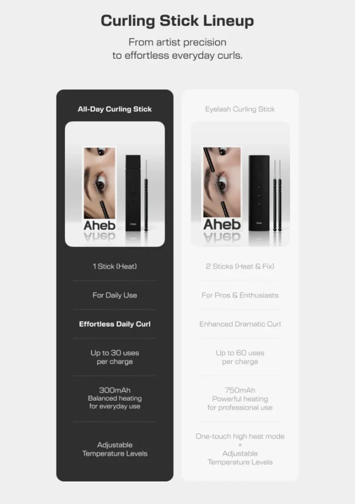 A comparison infographic titled 'Curling Stick Lineup' showing two Aheb curling sticks side by side with feature callouts for an all-day curling stick and an eyelash curling stick.