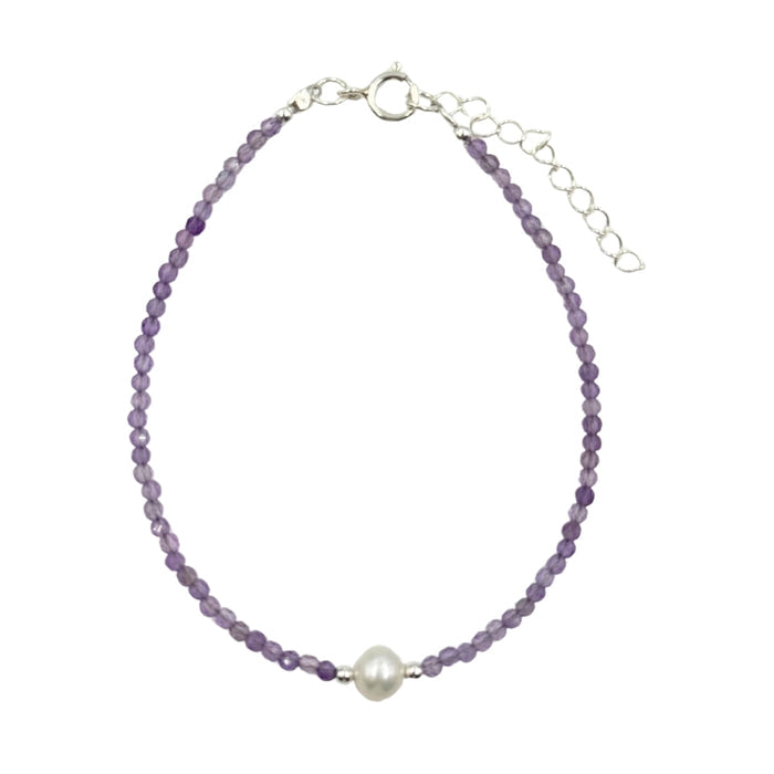 Amethyst Faceted Stone & Pearl Collection Bracelet