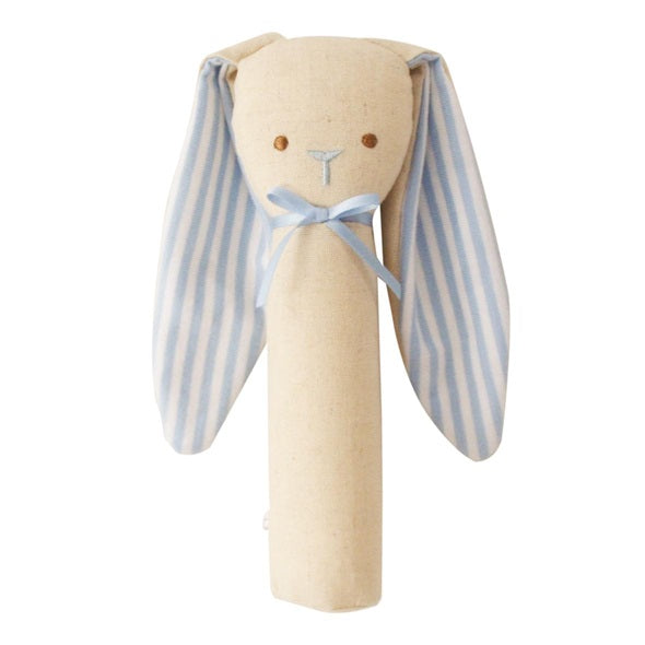 Linen bunny rattle and squeaker toy with blue striped ears and beige body