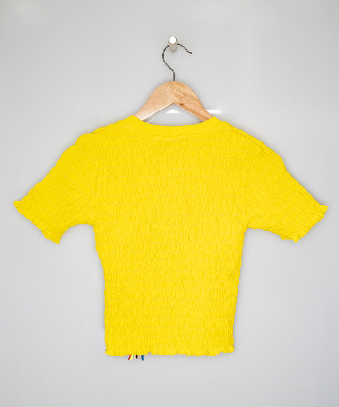 Cotton crop-top t-shirt with smock stitch yellow