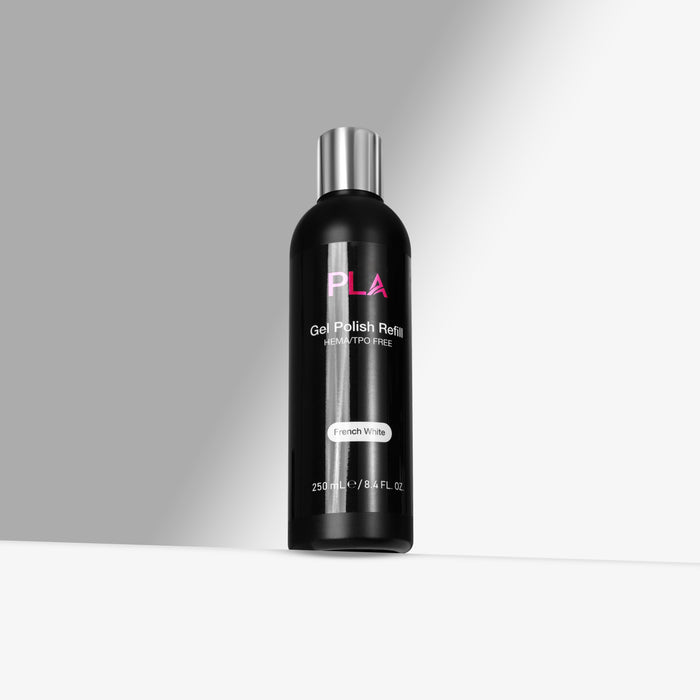 Black bottle with silver cap labeled 'PLA' on a gray background - has PLA French White Gel Polish 250 mL