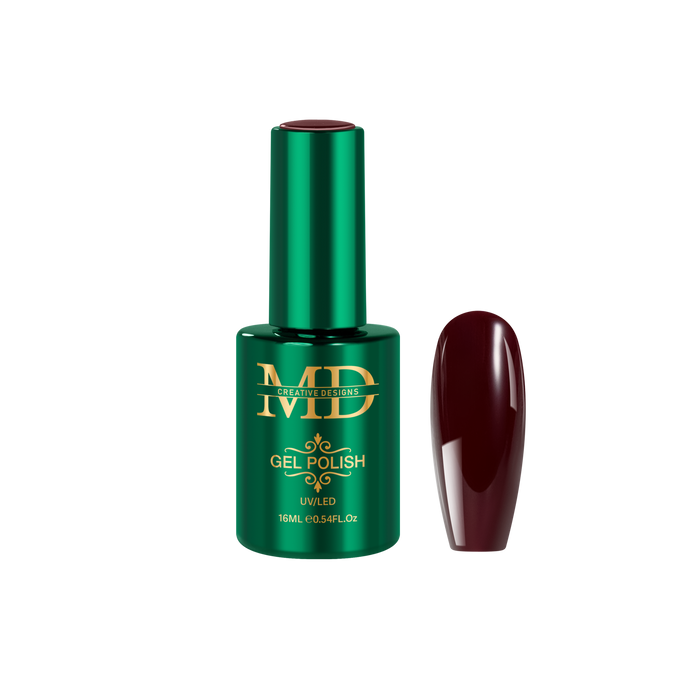 Green gel polish bottle with a maroon nail tip color swatch on a white background