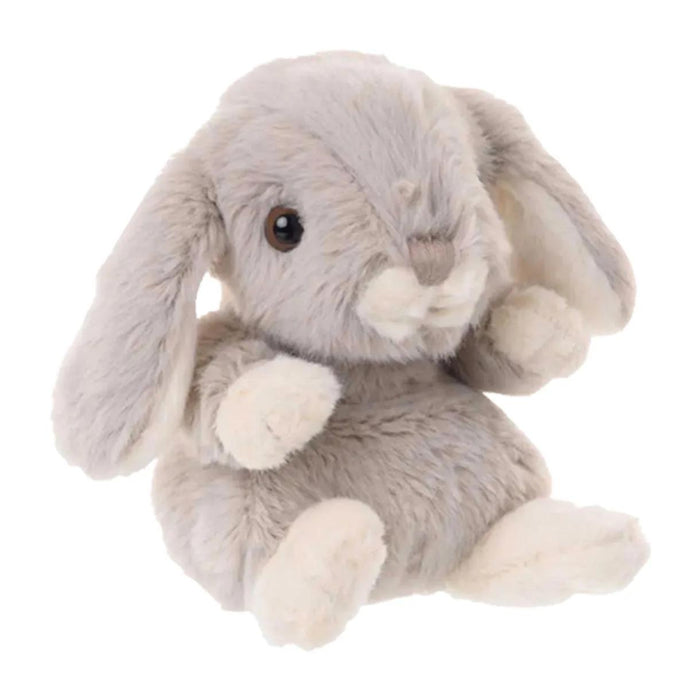 Light gray plush bunny with long ears, sitting pose, soft fabric and round eyes