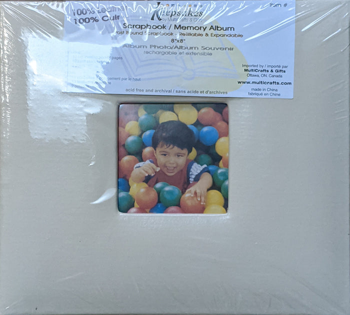 MultiCrafts - Keepsakes - Scrapbook Album - 8x8 - Ivory. Post Bound Deluxe Leather with Window on cover. Includes 10 Top loading pocket pages, 10 Cardstock sheets and 2 Posts. Available at Embellish Away located in Bowmanville Ontario Canada.