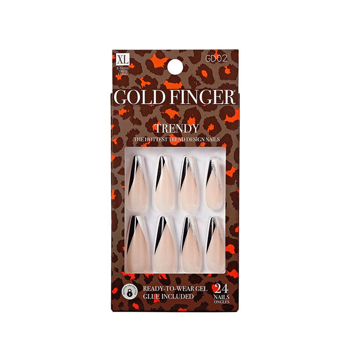 IVY BEAUTY by KISS XL gold finger trendy nails ready to wear long almond press on nails black diagonal tips