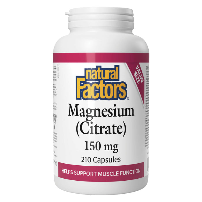 Bottle of Natural Factors Magnesium Citrate 150 mg 210 Capsules Bonus Size