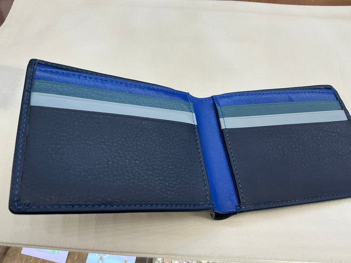 Men's bifold wallet by ili New York, showcasing leather design and multiple card slots on a neutral background.