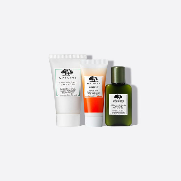 ORIGINS Cleanser Serum & Moisturizer Tiny Trio Set مجموعة العناية بالبشرة بحجم السفر