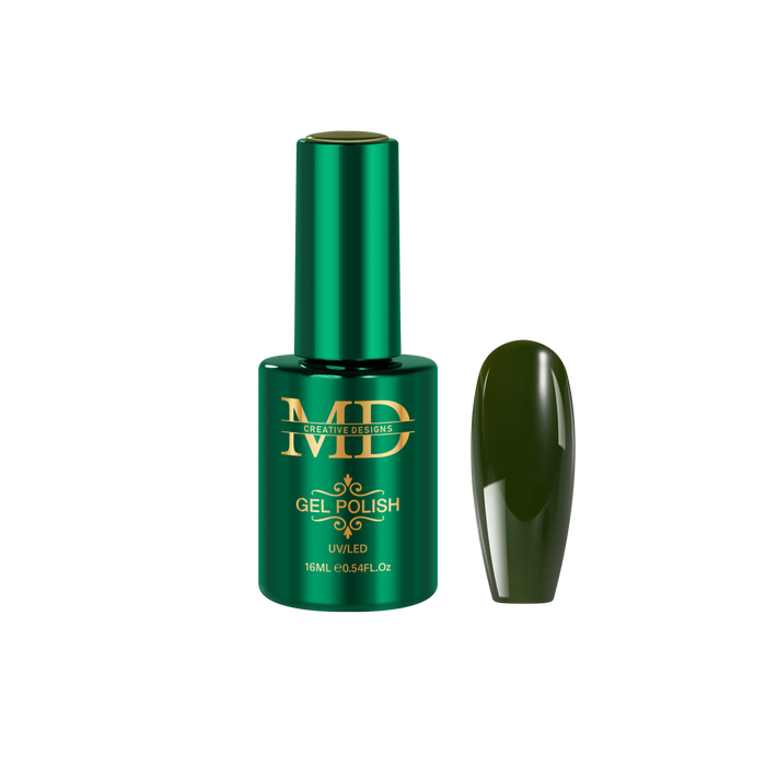 Green gel polish bottle with a matching nail tip color swatch on a white background