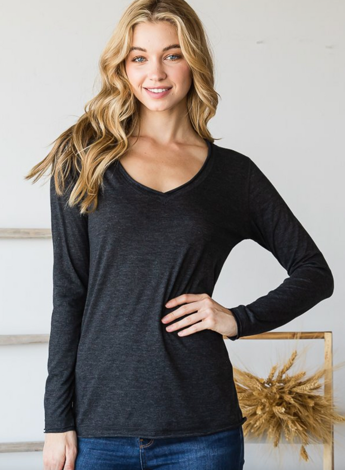 Raw Edge, Long Sleeve V-Neck - Charcoal