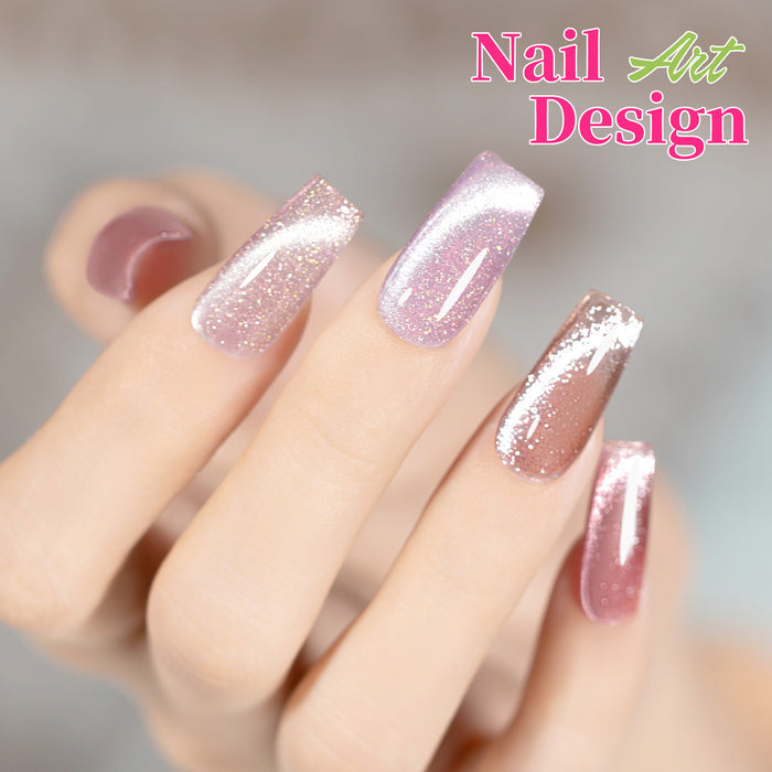 Pink purple shimmer cat eye gel polish manicure coffin nails ombré glitter romantic Valentine design 21 days lasting