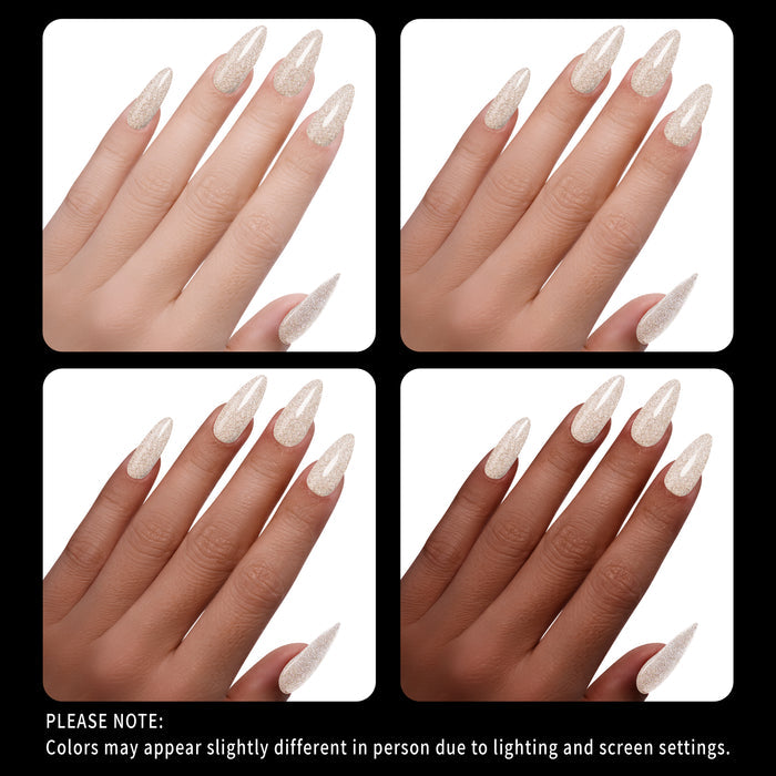 Collage of four images showing hands with gold glitter nail polish on a white background.