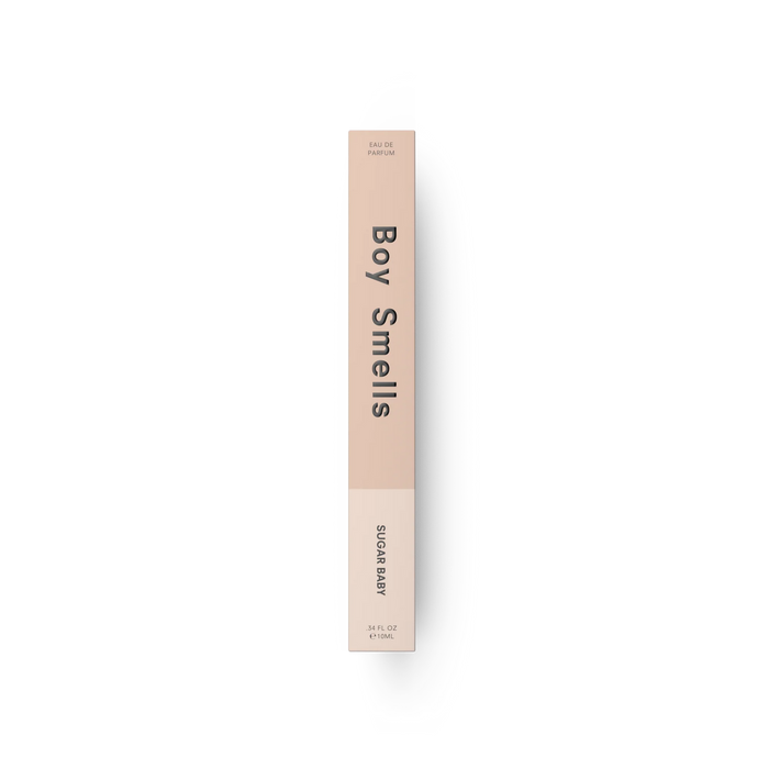 10 ml fragrance bottle side view, rose-pink cylinder with beige cap and branding text