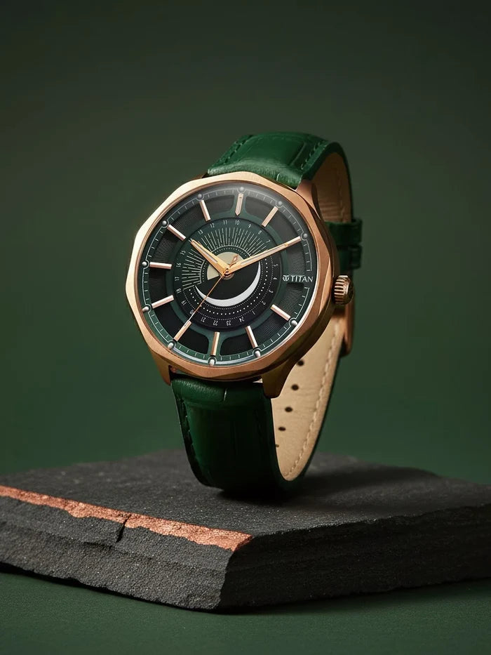 Titan Stellar Green Round Dial Quartz Watch - 10028QL01