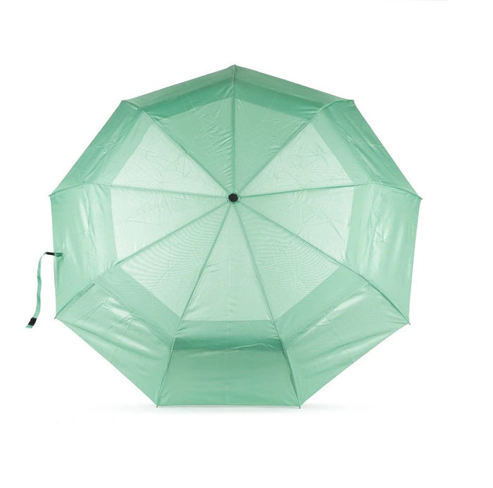 Open recycled nylon umbrella in matcha green, eight-panel canopy with central button.