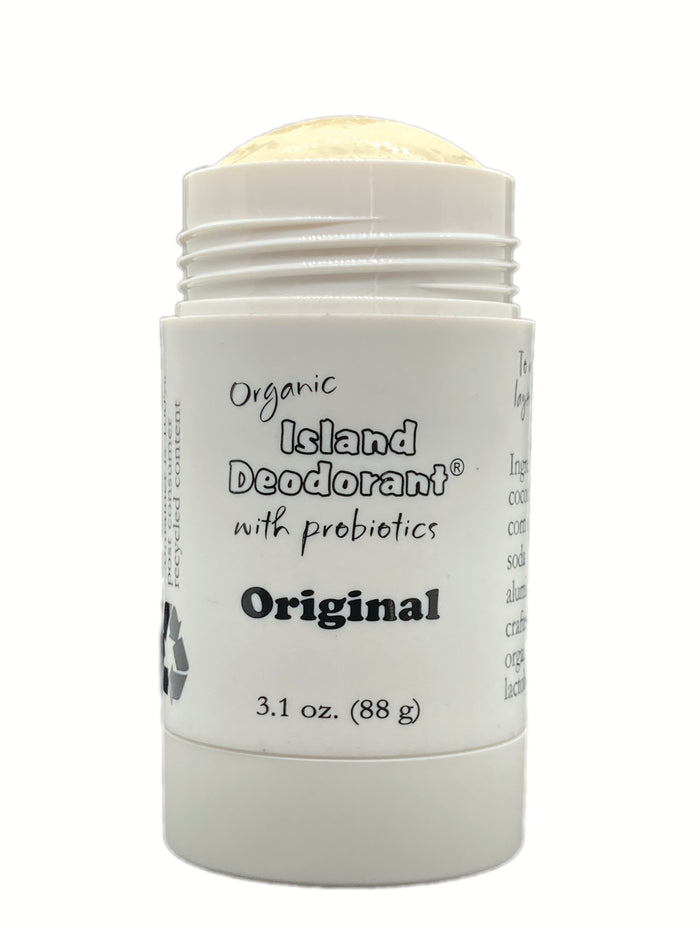 Natural deodorant stick Original formula with lid off in recycled plastic container