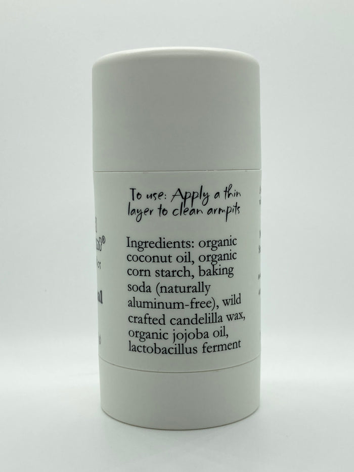 Back label of organic deodorant stick showing ingredient list and probiotic formula