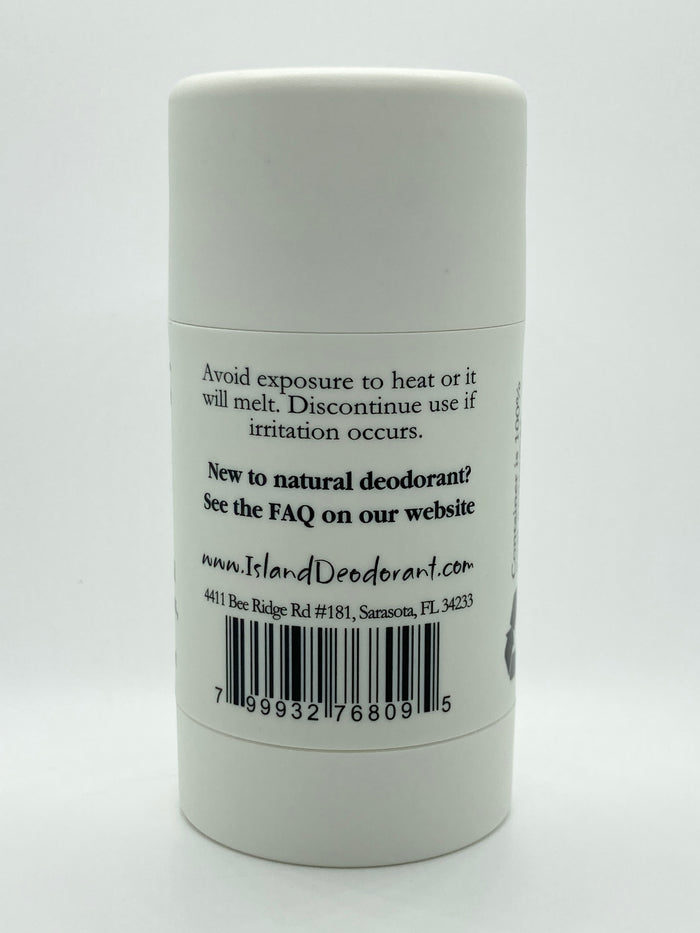 Sensitive baking soda free deodorant with probiotics from Island Deodorant in white plastic stick.