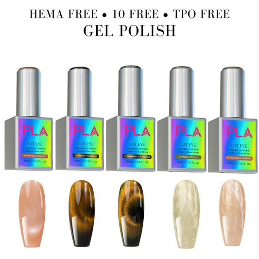 Set of cat eye gel polish bottles with corresponding nail tip swatches on a white background