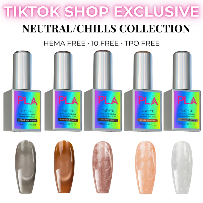 Set of nail polish bottles with colorful labels and corresponding nail tip swatches on a white background, featuring 'PLA' brand.