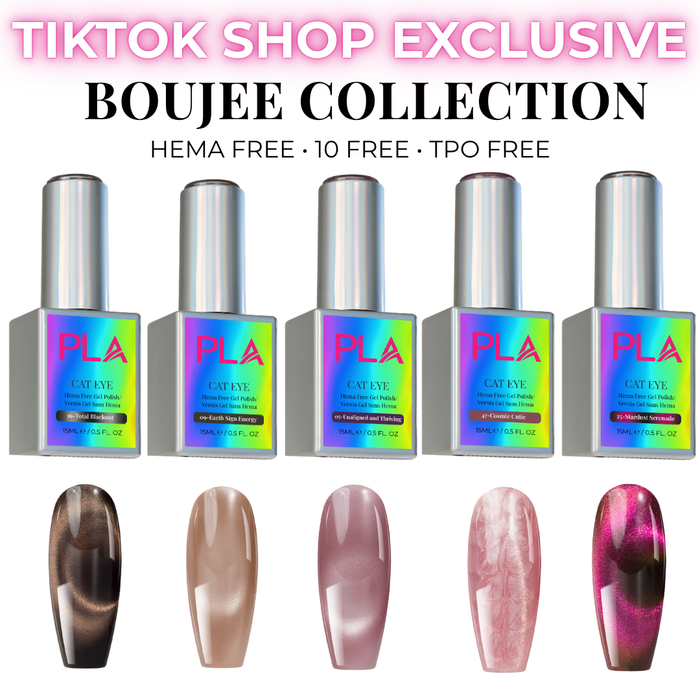 Set of nail polish bottles with colorful labels and corresponding nail tip swatches, featuring 'PLA' brand.