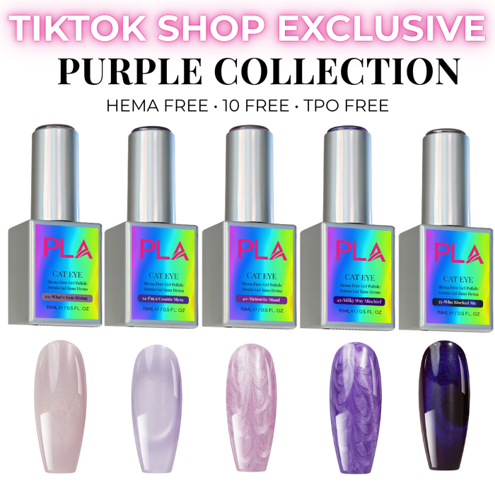 Set of five purple nail polish bottles with corresponding nail tip swatches on a white background, featuring 'PLA' brand.