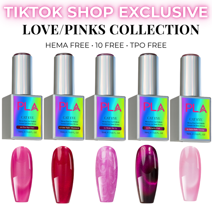 PLA Cat Eye nail polish bottles with pink and red colors on a white background, featuring 'TikTok Shop Exclusive Love/Pinks Collection' text.