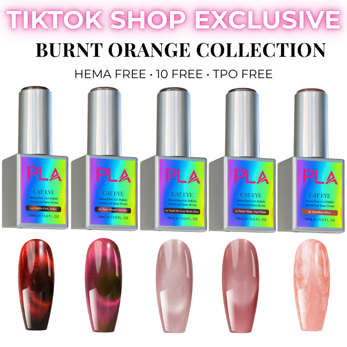 Set of nail polish bottles with 'PLA' brand and nail tip swatches displaying colors, labeled as TikTok Shop Exclusive Burnt Orange Collection.