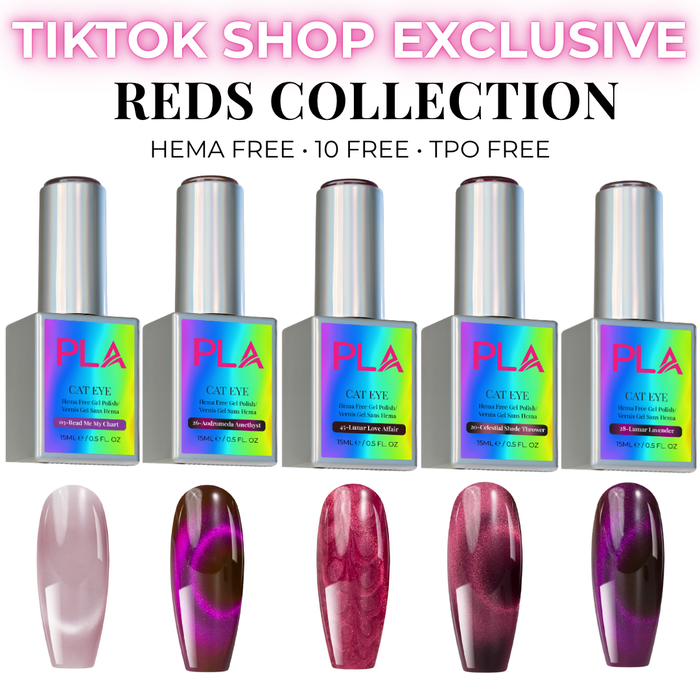 Nail polish bottles with colorful labels and corresponding nail tip swatches, featuring the 'PLA' brand.