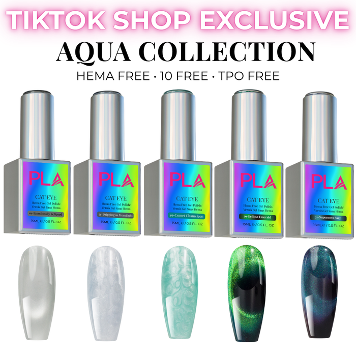 PLA Cat Eye nail polish bottles with holographic labels and corresponding nail tip swatches on a white background.