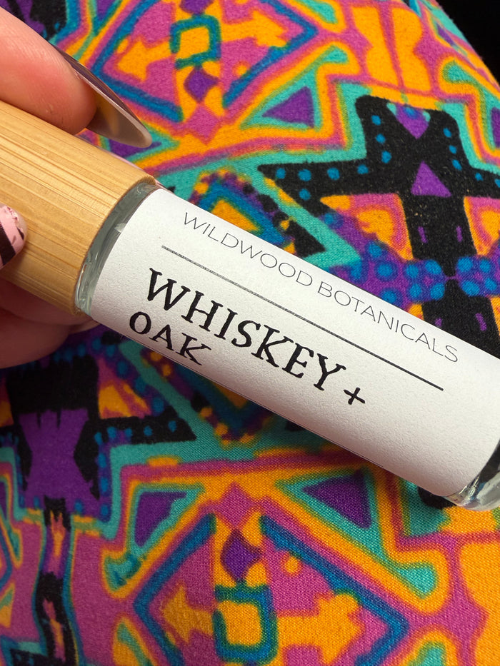 Wildwood Botanicals rollerball perfume bottle, compact and stylish, with a clear view of the perfume inside.