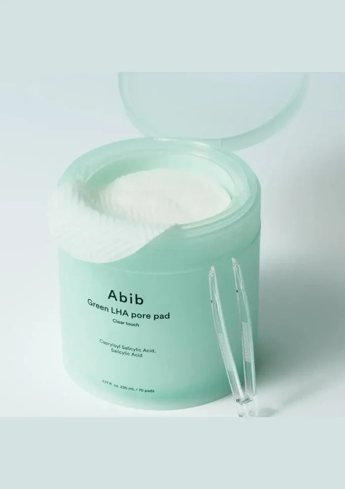 ABIB Green LHA Pore Pad open jar with 70 pads and tweezers