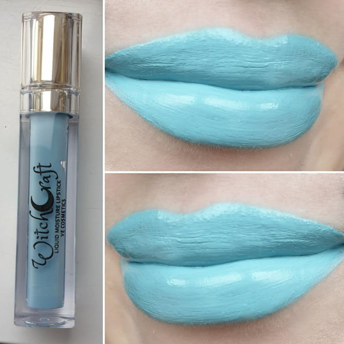 Lip swatch showing pastel blue lipstick