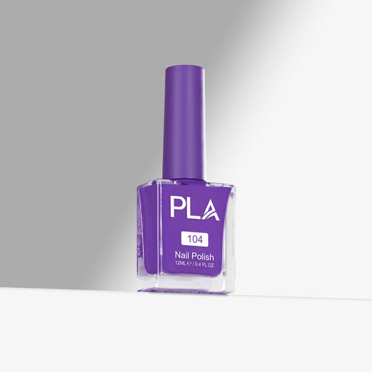 Purple nail polish bottle with 'PLA' branding on a gray background