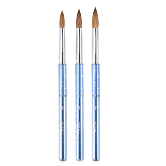 Three acrylic nail brushes with blue handles and different bristle lengths, displayed side by side.