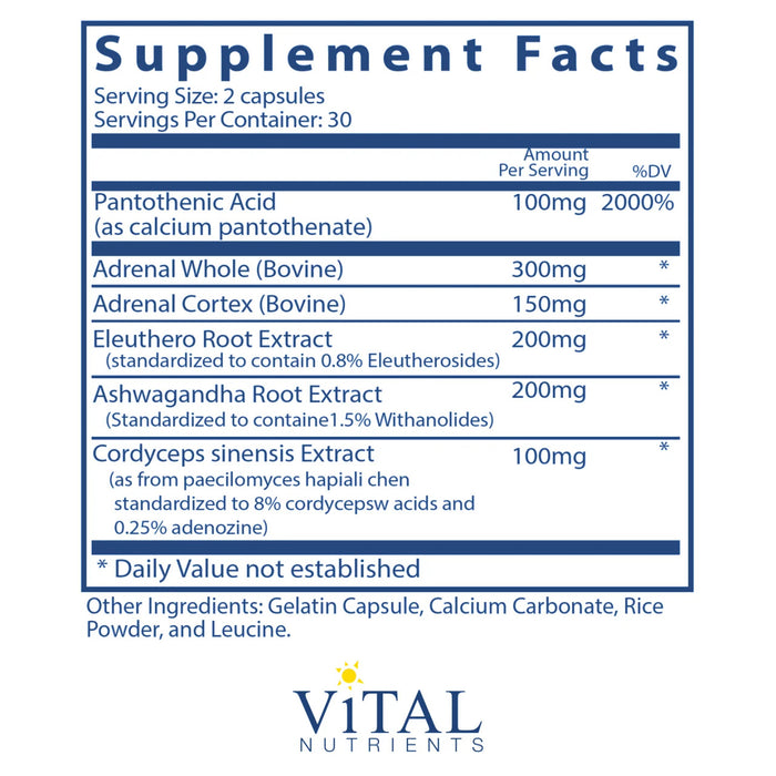 Adrenal Support by Vital Nutrients Ingredients Label