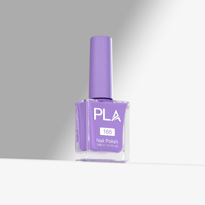 Purple nail polish bottle with 'PLA' branding on a gray background