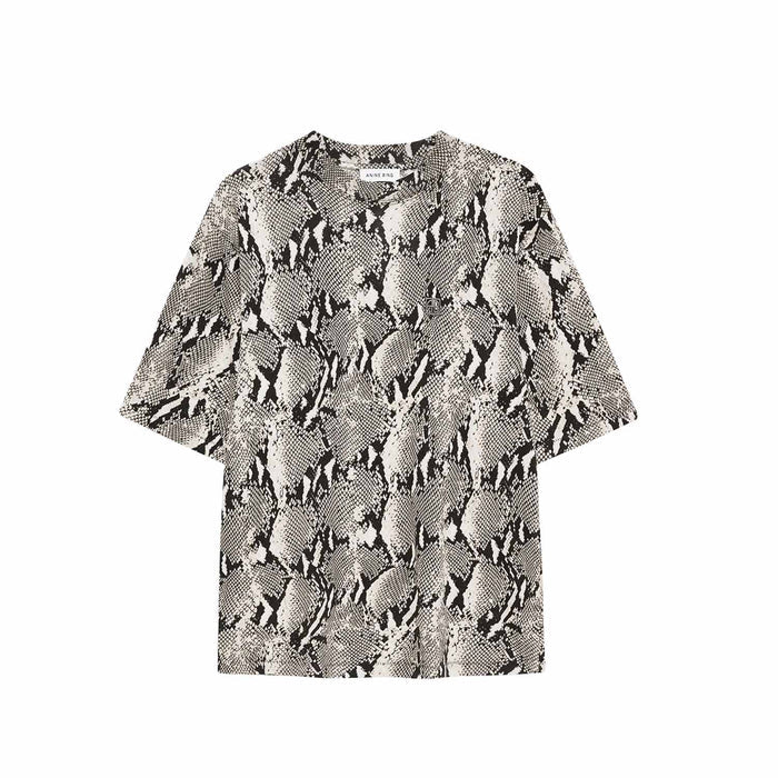 Short-sleeve shirt with snake print on a white background