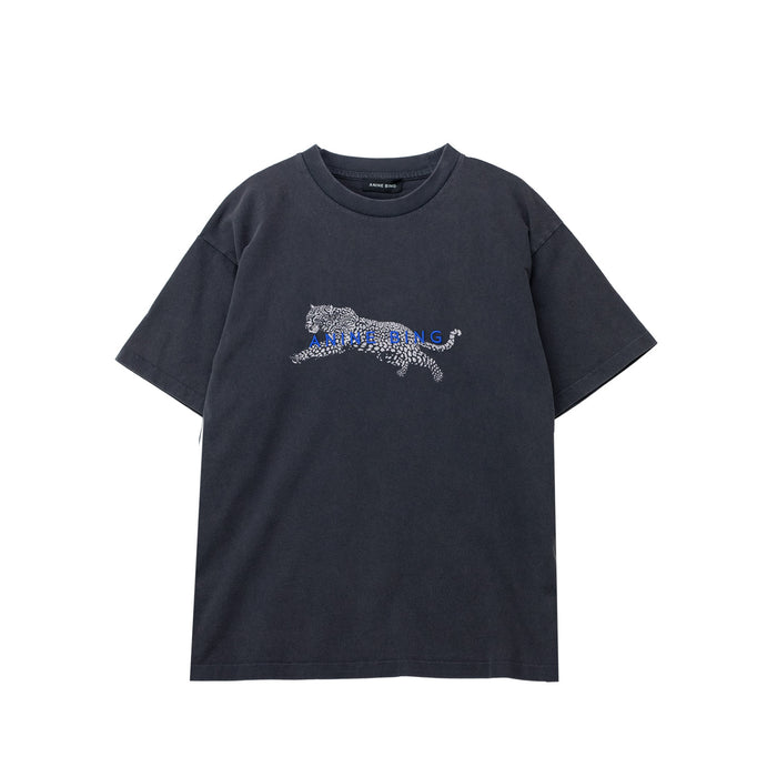 Black t-shirt with a graphic design on a white background