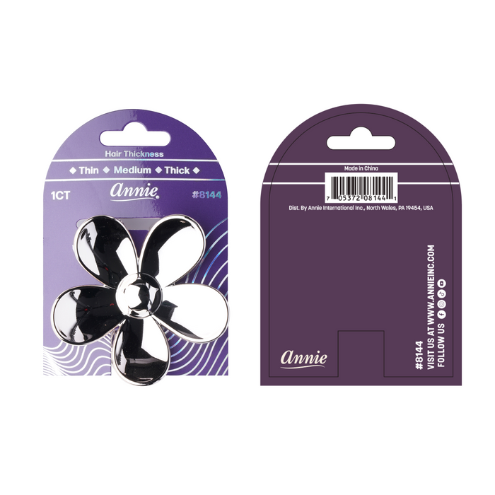 Annie Shiny Floral Jaw Clip 7.5cm, 1 Count Metallic Hair Clip, Silver