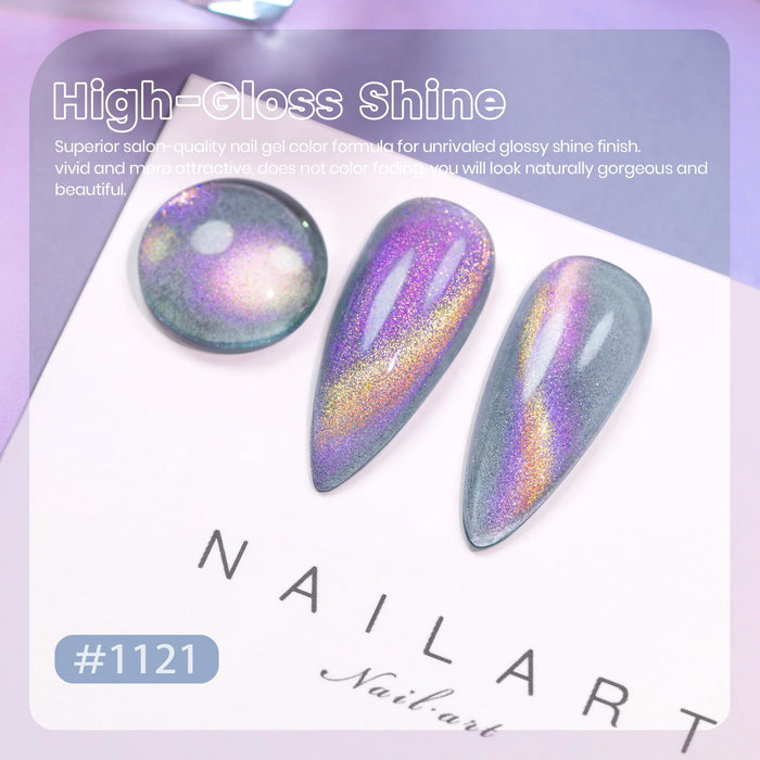 Aurora Gray Blue cat eye gel polish swatch purple gold pink holographic shimmer color-shifting cosmic glow