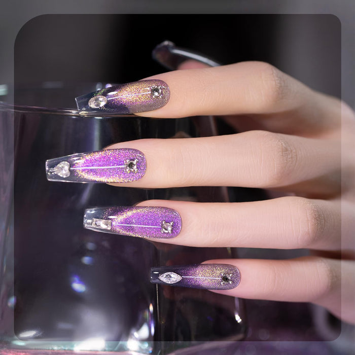 Aurora Gray Blue cat eye gel polish on long nails purple gold pink holographic shimmer galaxy cosmic effect