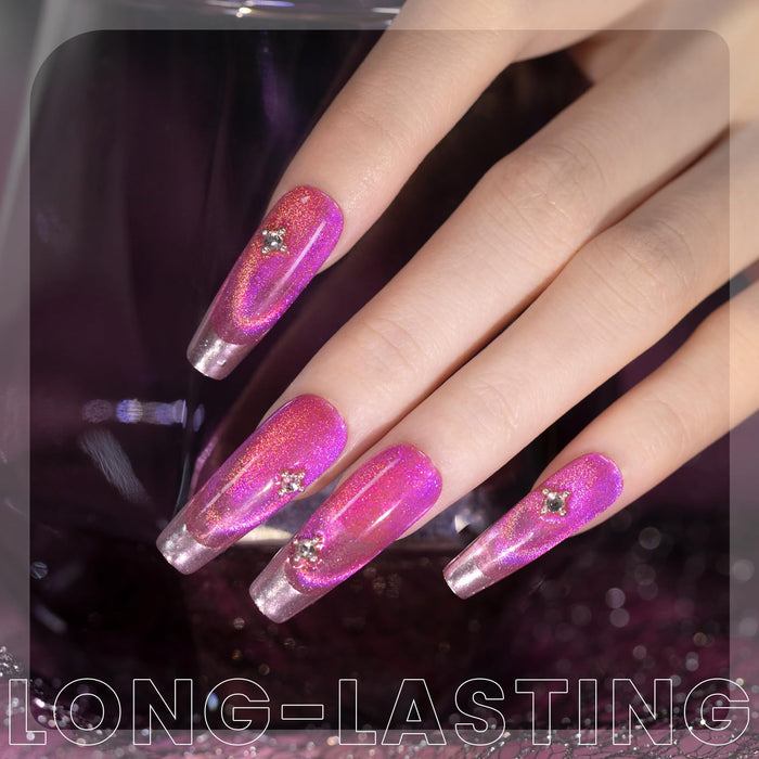 Aurora Rose Pink cat eye gel polish on long nails orange purple gold holographic shimmer romantic cosmic effect