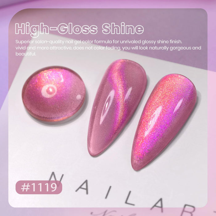 Aurora Rose Pink cat eye gel polish swatches high-gloss shine duo color shine holographic effect
