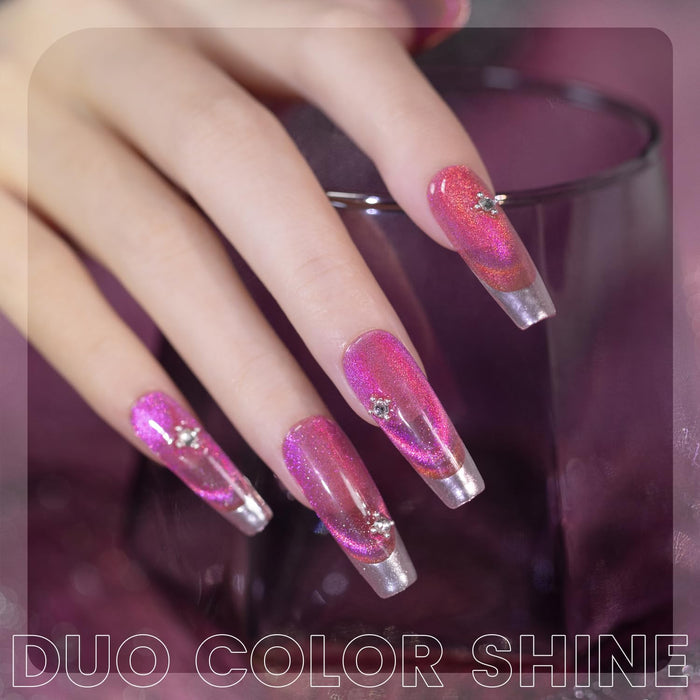 Aurora Rose Pink cat eye gel polish French gradient tips orange purple gold shimmer romantic wedding nails