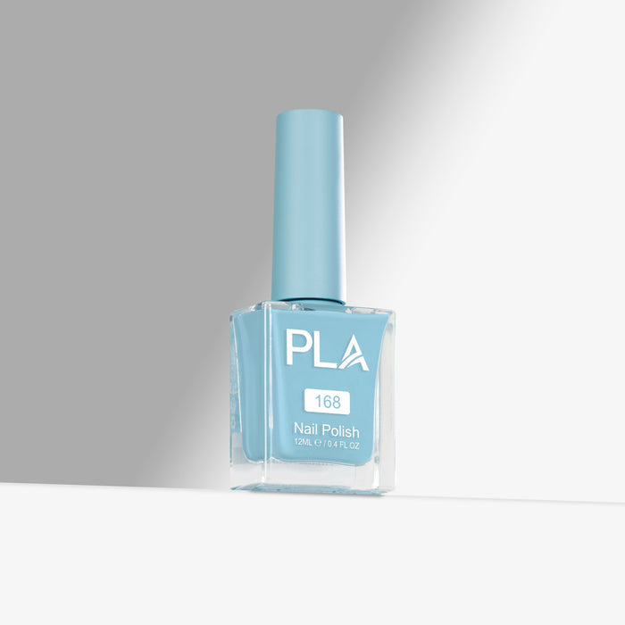 Blue nail polish bottle with 'PLA' branding on a gray background