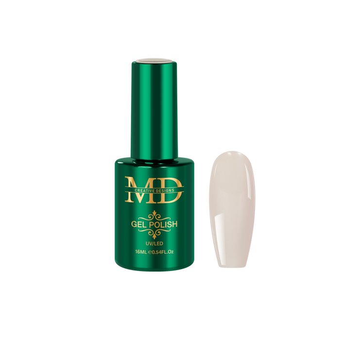 Green gel polish bottle with a white nail tip color swatch on a white background
