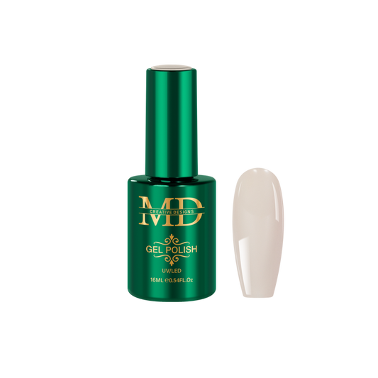 Green gel polish bottle with a white nail tip color swatch on a white background