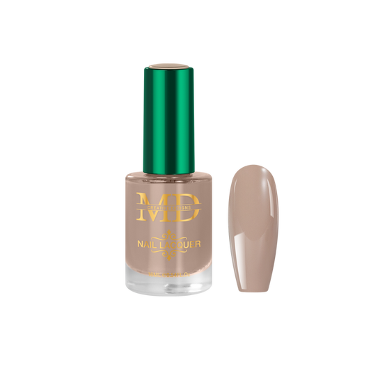 Nail polish bottle with a green cap and beige nail tip color swatch on a white background