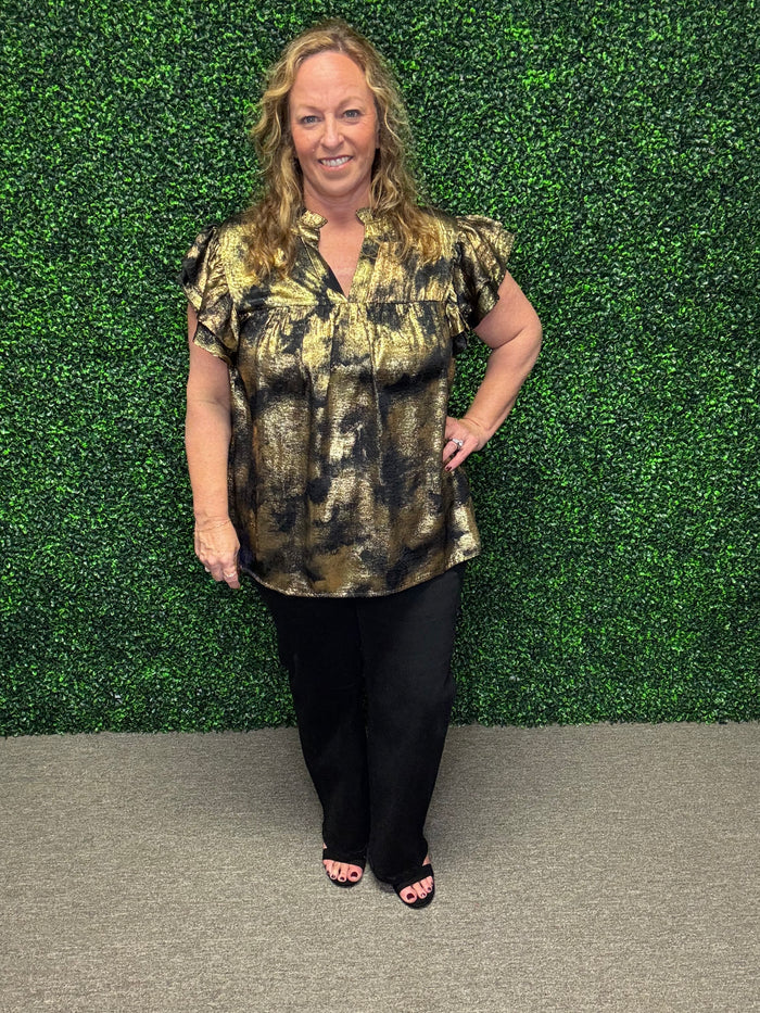 Black and Gold Flutter Sleeve Blouse-Oddi
